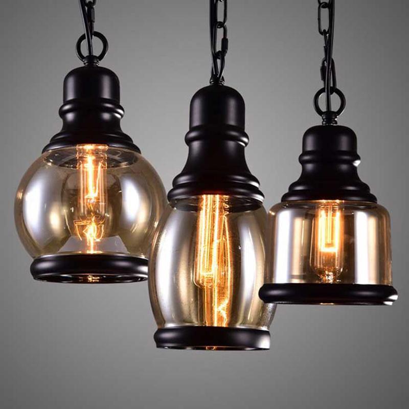 Vintage Loft Pendant Lights Black Industrial Style Amber Glass /Restaurant Retro Room Bar Bed Room Other Bedrooms Hanging Lights
