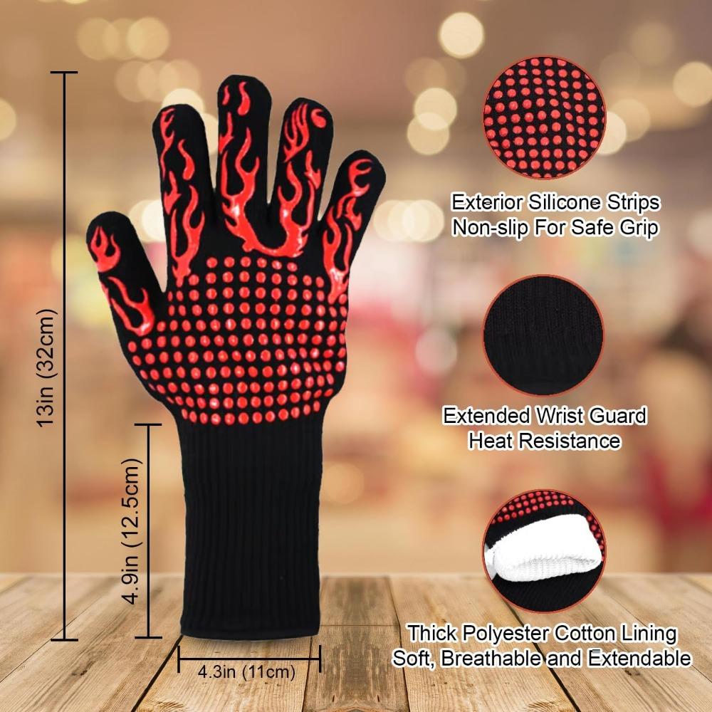 BBQ Gloves Fireproof Heat Resistant Cut Resistant Mitts Non Slip Silicone Oven Gloves Kitchen Gloves for Barbecue Cooking Baking