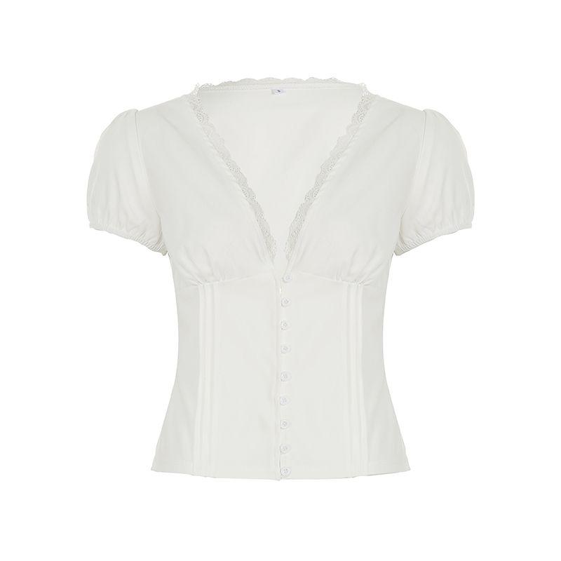 

H Home European and American Women s Clothing French Entry Lux Lace Lace V Neck Puff Sleeve Shirt Elegant Breasted Waist-Tight Short Top White S
