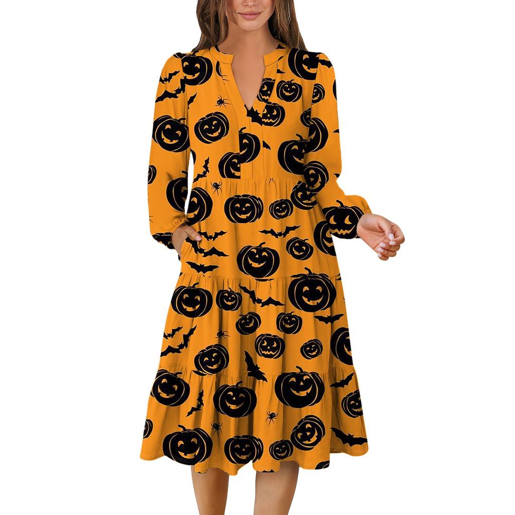 Women's V-Neck Flowing Layered Bohemian Long Sleeve Halloween Print Dress