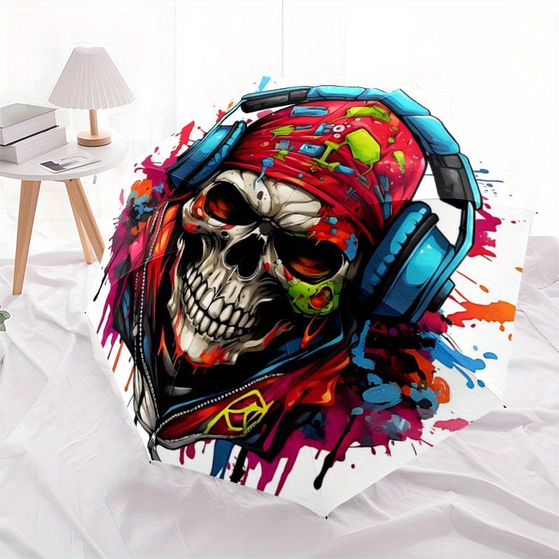 

1pc Skull with Headphones Fully Automatic Folding Portable Umbrella, 8 Iron Frames, Three-Fold Design, Suitable for All Seasons, Suitable for Outdoor