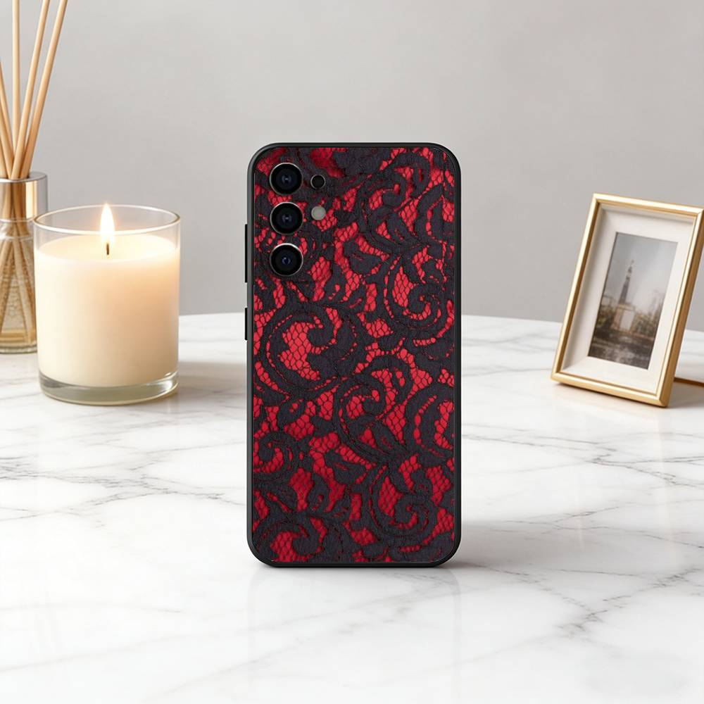 Beautful Black L-lace Print Phone Case For Samsung S25,S24,S21,S22,S23,S30,Ultra,S20,Plus,Fe,Lite,Note,10,Black Cover