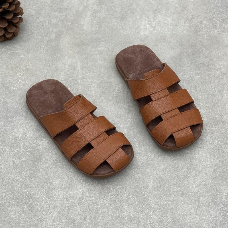 Johnature Genuine Leather Flat Slippers Weaving Hollow-out Breathable Casual Women's Slip-on Shoes