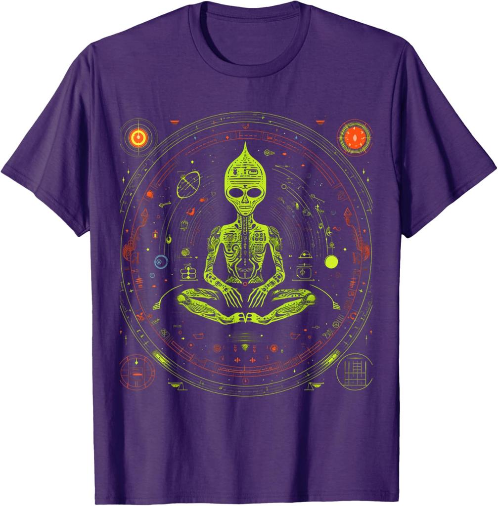 Alien Zen Meditation Graphic Tee Men's Breathable Cotton Casual Short Sleeve T-Shirt