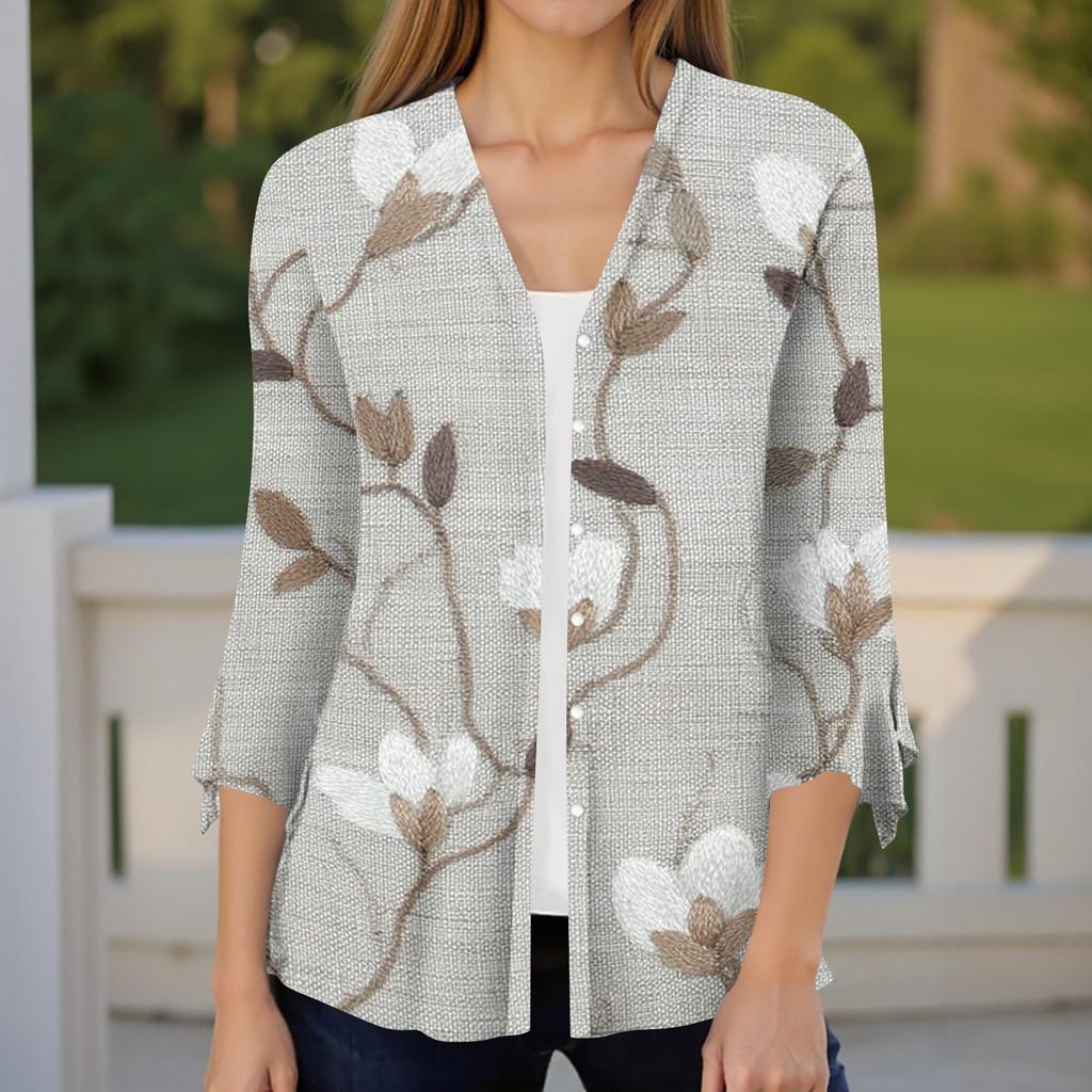 Women's Casual V Neck Loose Fit Blouse Seven Quarter Sleeve Floral Print Button Front Ruffle Sleeve Shirt