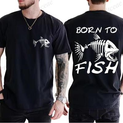 Summer Harajuku Born To Fish Print Men T Shirts Casual Breathable Skull Deep Sea Fish Skeleton Sports Oversized T-shirt Clothing