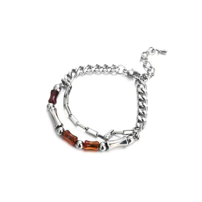 

National style niche double-layer design sense agate jade bamboo bracelet cold wind men s titanium steel hip-hop jewelry accessories