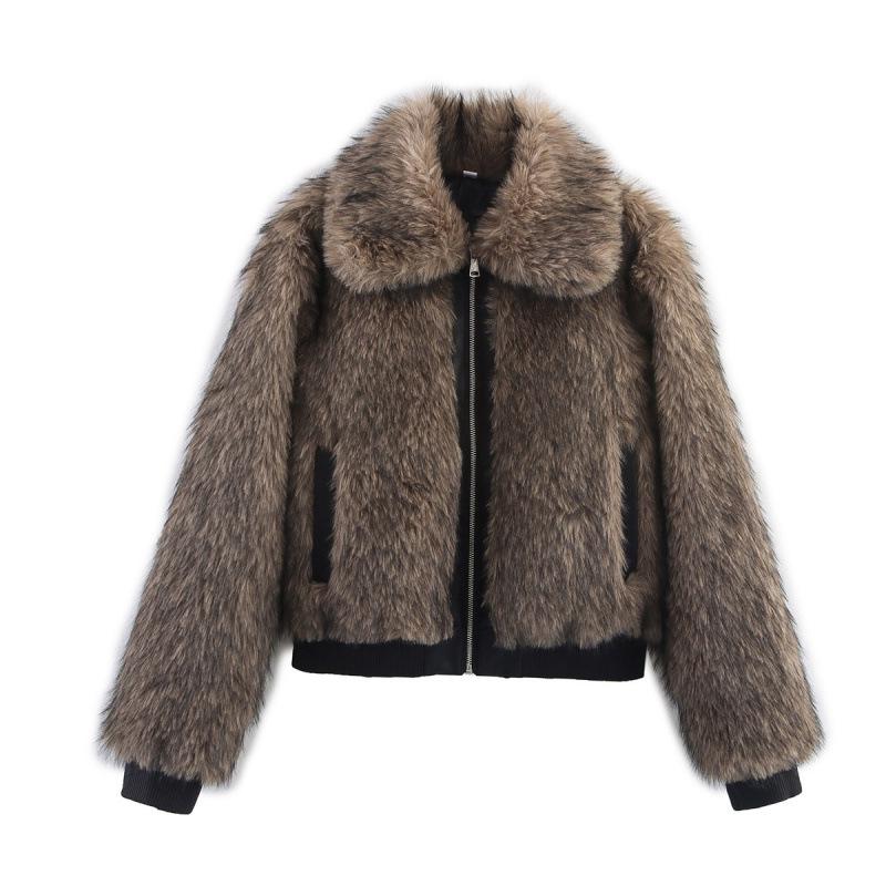 

Women s Fashion Casual Color Block Leather and Fur Jacket M верблюд