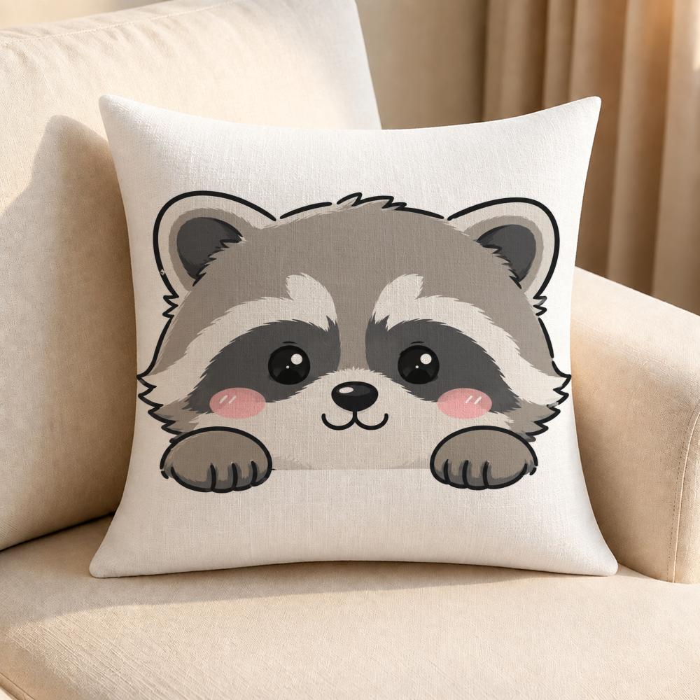Character Cute Little Raccoon Cushion Cover Linen AntiMite Antibacterial Cushion Cover Invisible Zipper Sofa Decor