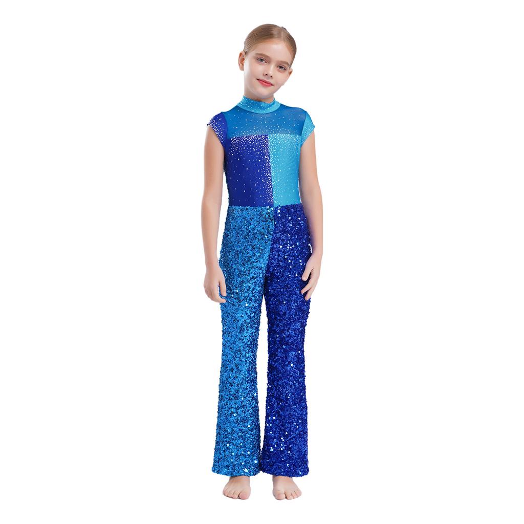Mädchen Jazz Jumpsuit Ärmellos Mock Neck Keyhole Rücken Design Glitzernder Farbblock Pailletten Bühnenkostüm