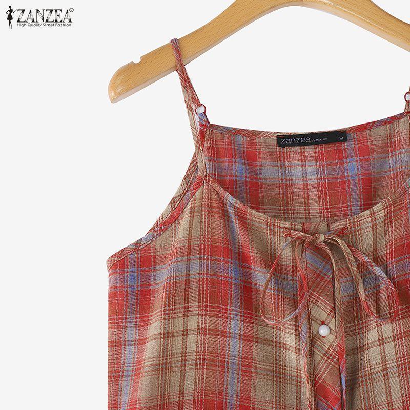 ZANZEA Women Plaid Print Summer Casual V-Neck Sleeveless Straps Camisoles Dresses