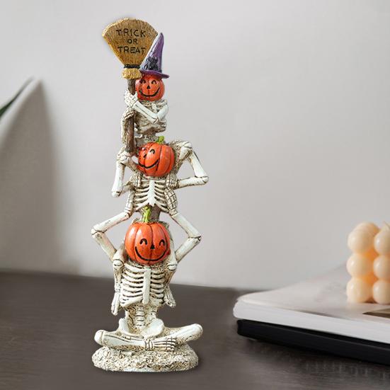 Halloween Stacked Skeleton Pumpkin Decor Resin Skeleton Statue with Pumpkin Head Witch Hat Broom for Home Office Holiday Table Decor