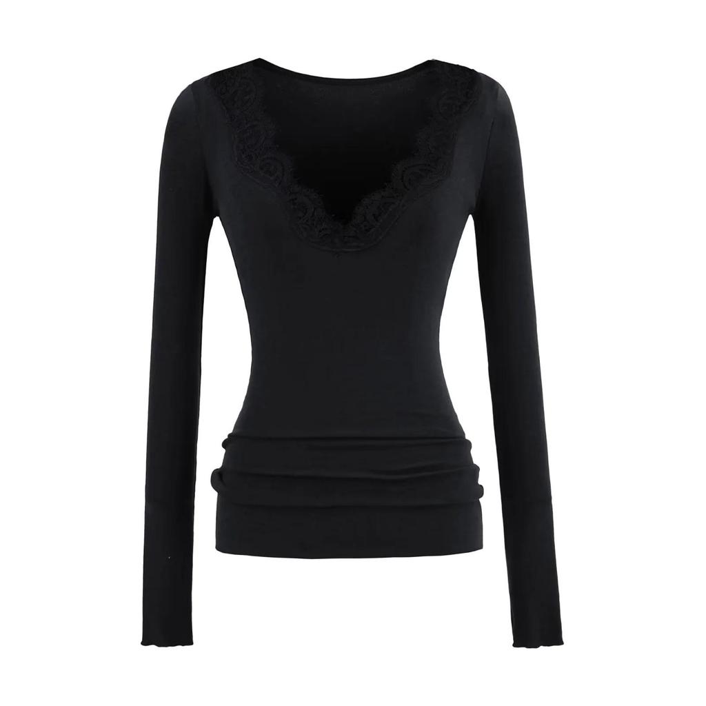 T-shirt da donna a manica lunga in pizzo con scollo a V, vestibilità slim, per Autunno/Inverno