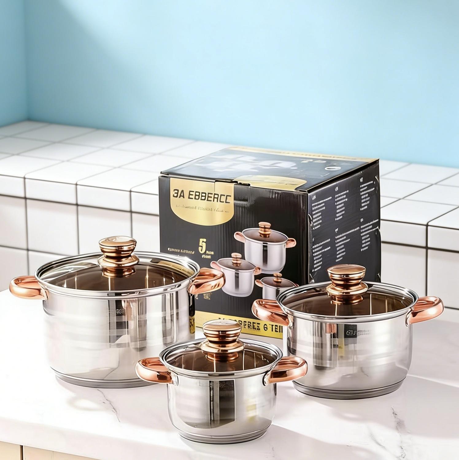 Wholesale Household Kitchenware Stainless Steel 6pcs Capsulated Cooking Pot Non Stick Cookware Sets with Glass Lid