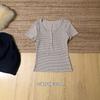 American Retro Striped Henry Collar Button Short-sleeved T-shirt Women's Summer New Slim-fit Pure Desire Versatile Top