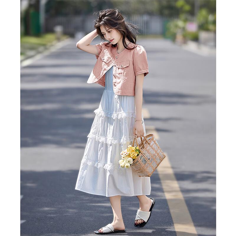 Women's Lace-Spliced Denim Top & Midi Dress Set