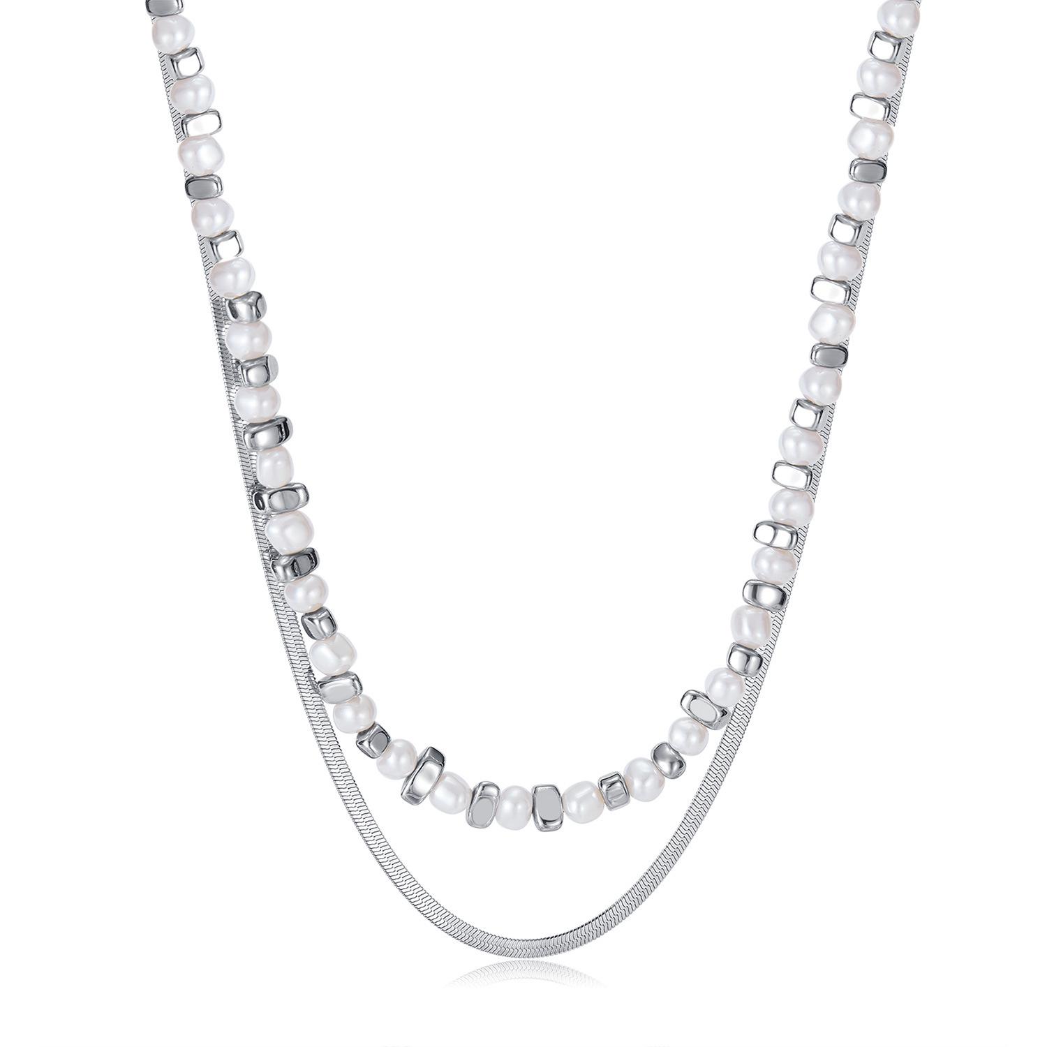 

Высококачественное женское ожерелье из нержавеющей стали с черным гематитом, жемчугом и двухслойной цепочкой «змеиная кость».