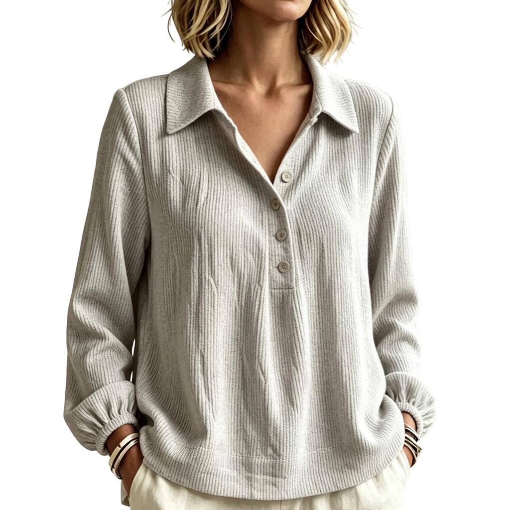 Women's Casual Long Sleeve Buttoned V-Neck Loose Fit Pullover Top for Daily Wear