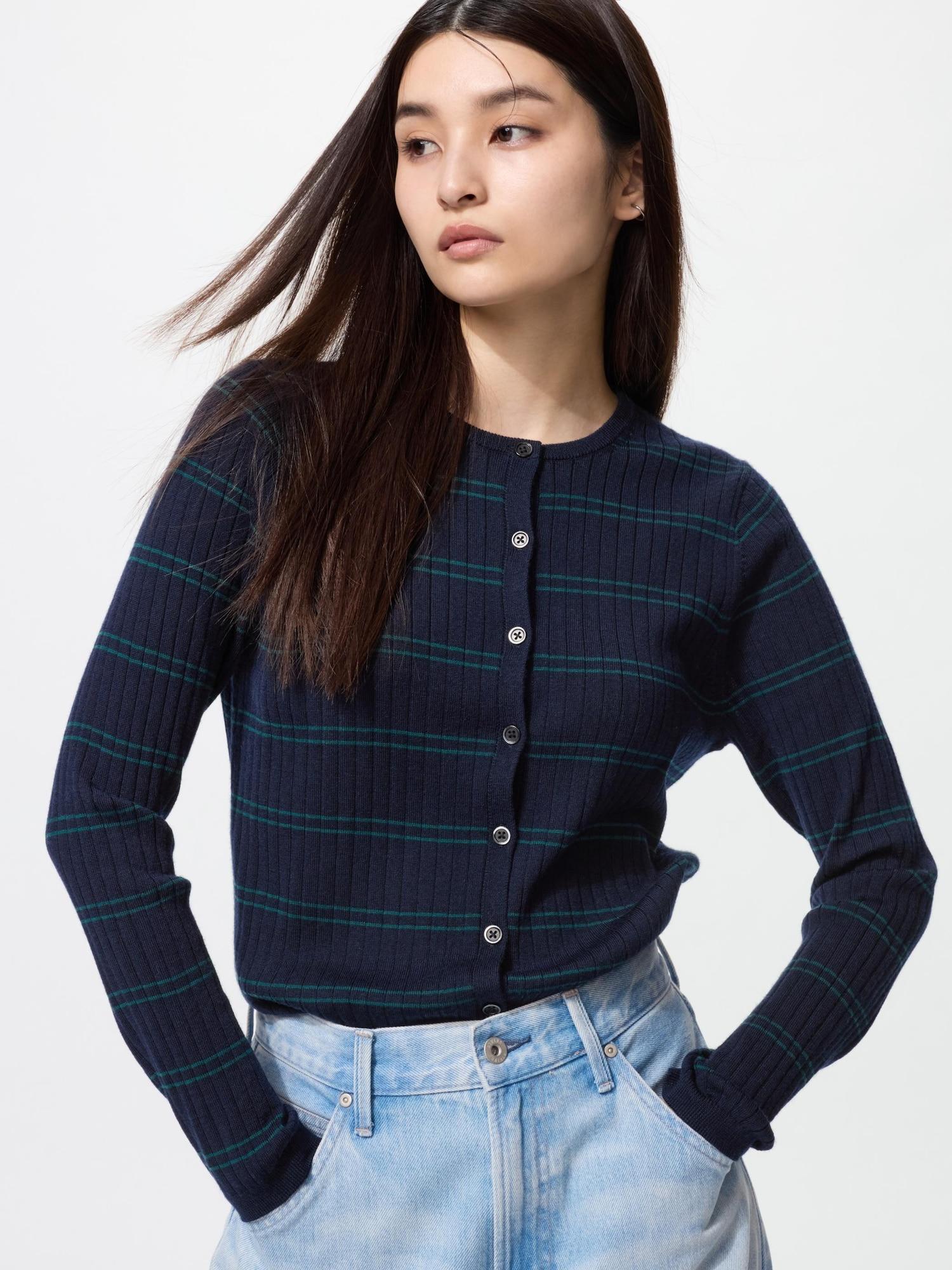 

Uniqlo Мериносовый кардиган с коротким рукавом и круглым вырезом в рубчик, в полоску 69 NAVY/WOMEN XXL