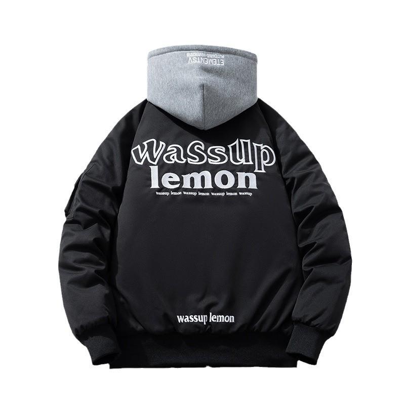 Mens Thickened Hooded Bomber Jacket With Letter Embroidery Streetwear Casual Winter Outerwear