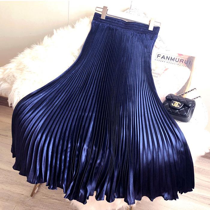 Women Reflective Bright Satin Long Skirt with Solid Color Pleated A-Line Skirts for Fall