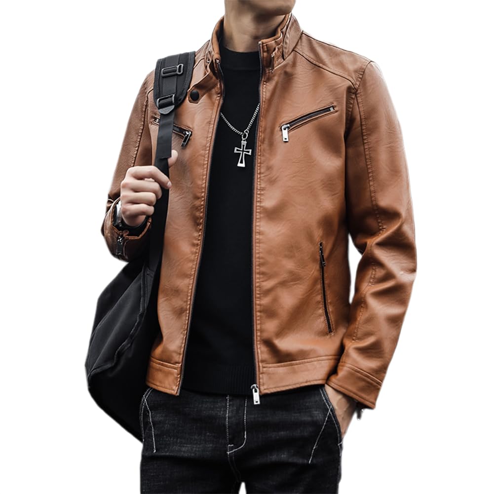Leather Biker PU Plus [NOMSOCR] Men s Jacket, Outerwear, Blouson, Leather, Stand-Up Collar, Windproof, Simple, Sizes, Spring/Autumn (XL, Camel)