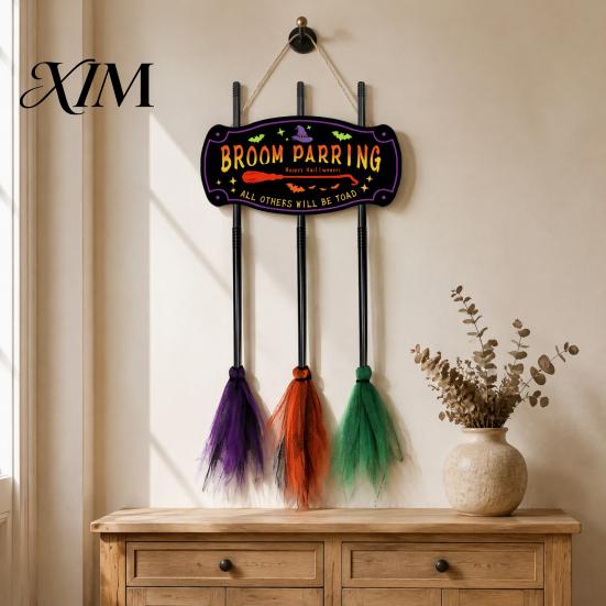 Compact Storage Holiday Wall Signs Halloween Broom Parking Sign with 3 Witch Brooms, Hocus Pocus Themed Wooden Sign, Lightweight Seasonal