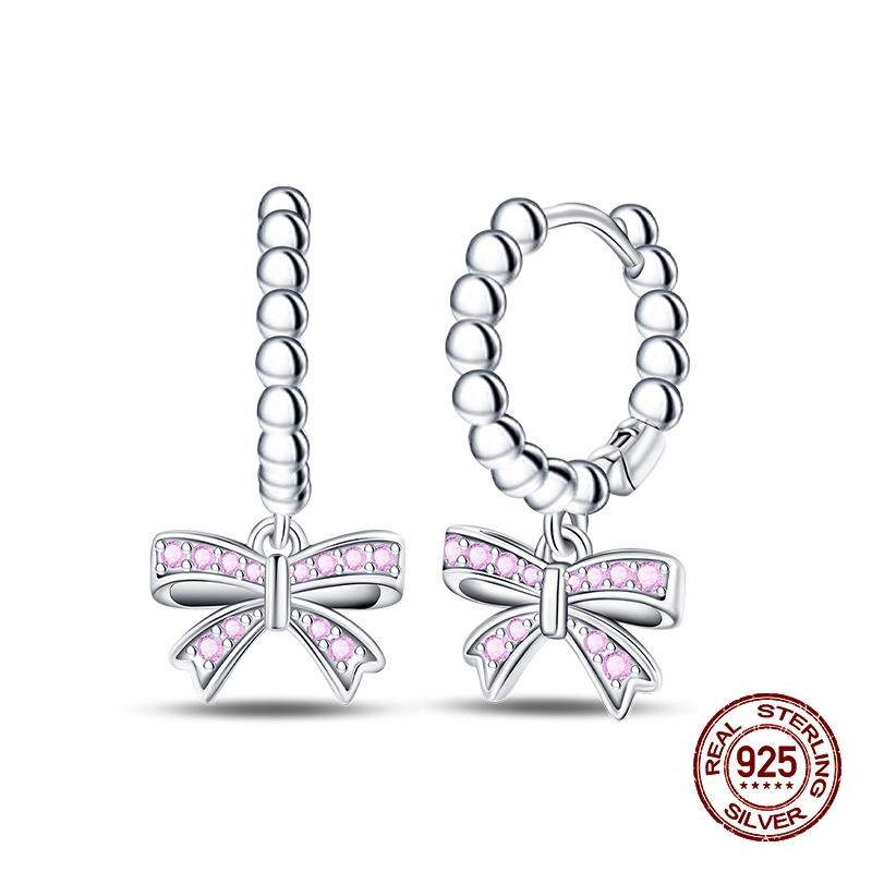New Earring For Women 925 Silver Sparkling Cordate Zircon Pink Bow Princess Double Hoop Earrings Luxury Festival Party Jewelry