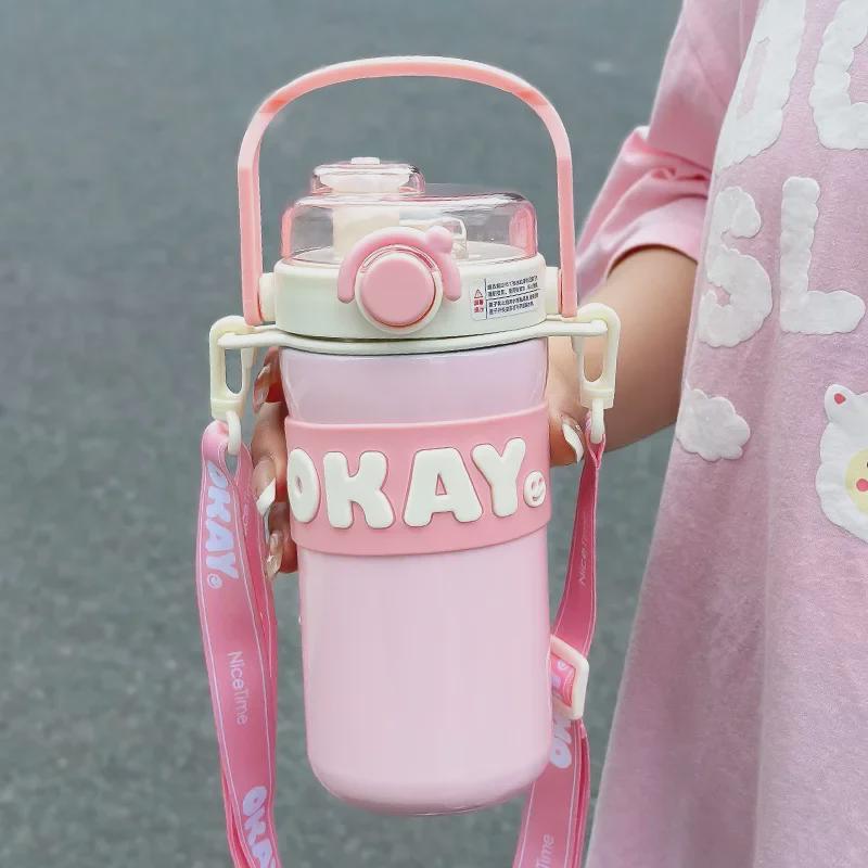 316 Stainless Steel Sports Thermos with Strap & Double Straw for Girls