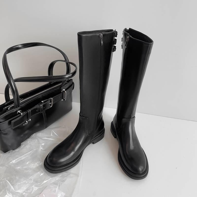 Versatile medium heel large size women's boots leather knight boots comfortable thick-soled cowhide tall boots autumn and winter round head lea