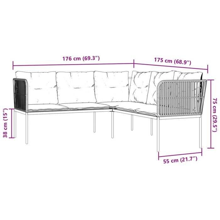 VidaXL Canapé de jardin avec coussins forme de L noir acier textilène, canapé d'extérieur, siège de jardin, chaise longue de 4008111