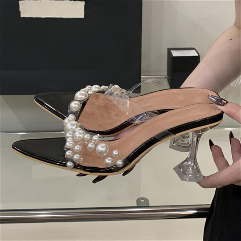Eilyken New Summer Pointed Toe Crystal High Heels Women Slippers PVC Transparent Pearl Banquet Party Slide Shoes