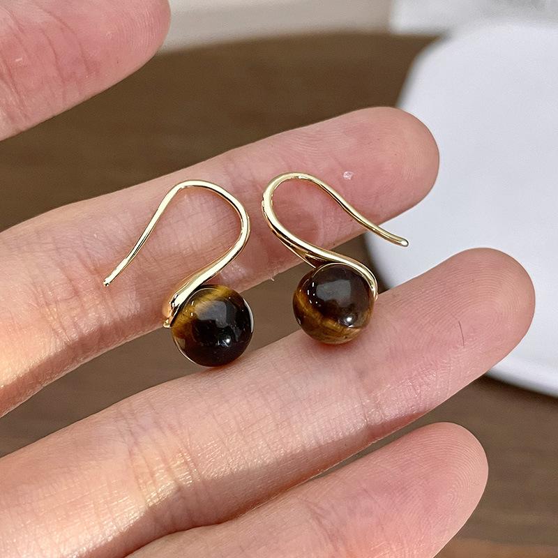 Natural tiger's eye stone series stud earrings for women Maillard exquisite retro earrings niche light luxury high-end temperament earrings