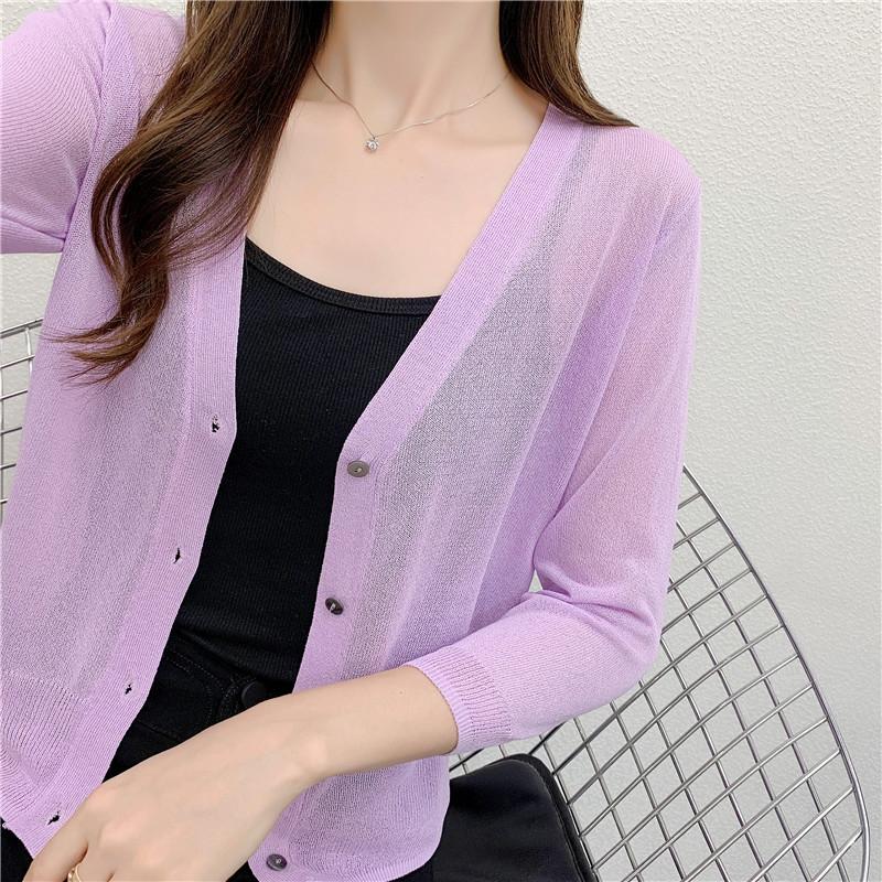 Sommer Eis Seide Dreiviertel Ärmel Kurz Gestrickte Strickjacke für Damen, Ultra-dünner Außenmantel Schal, Klimaanlagen Hemd, Sonnenschutz Jacke,