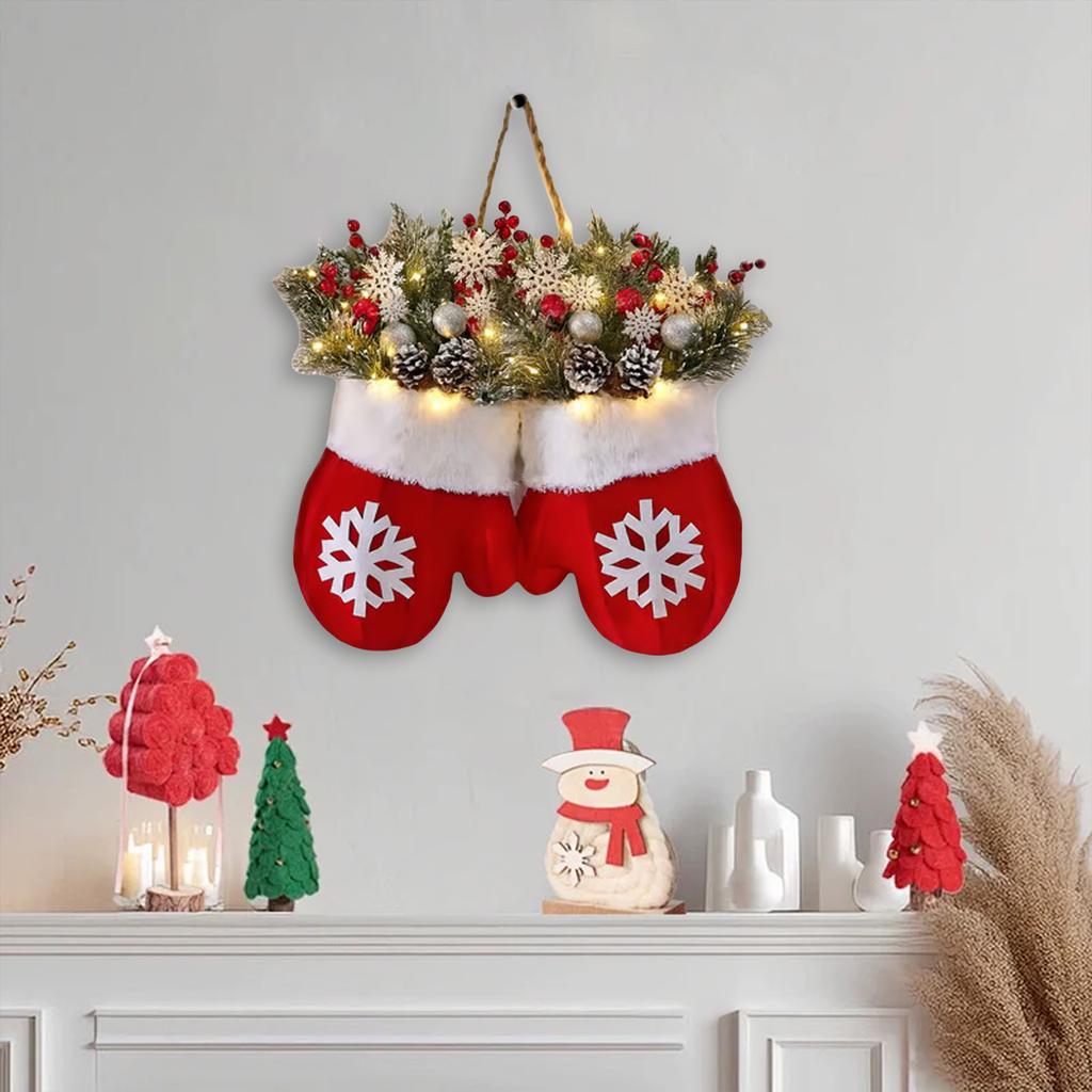 Twinkling Christmas Mitten Wreath Front Door Artificial Garland Holiday Wreath for Wall Window Fireplace Holiday Home Decor