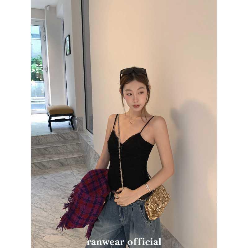 

Women s Sexy Lace Trim Bow Camisole: Layered Sleeveless Summer Top with Waist-Cinching Design Small чёрный