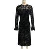 Women Floral Flocked Mesh Mermaid Midi Dress Long Bell Sleeve Mock Neck Ruched Bodycon Sheer Black Elegant Evening Cocktail Party Formal Dress
