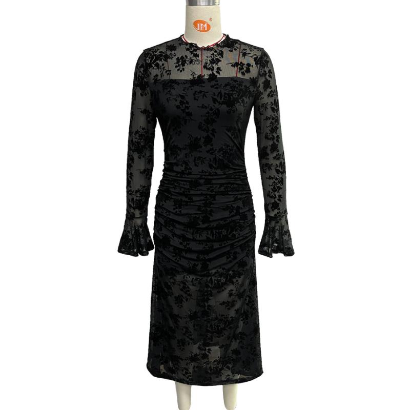 Women Floral Flocked Mesh Mermaid Midi Dress Long Bell Sleeve Mock Neck Ruched Bodycon Sheer Black Elegant Evening Cocktail Party Formal Dress
