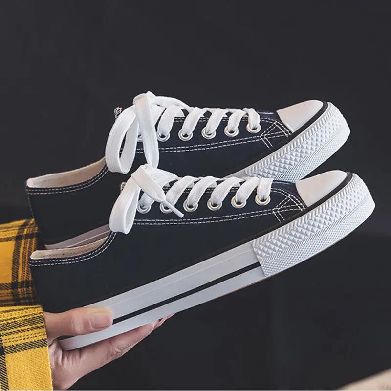 Shoes For Women Low-Top Vulcanized Canvas Platform Sneakers Black Flats Tennis Female Classic Student Small Couples Skateboard