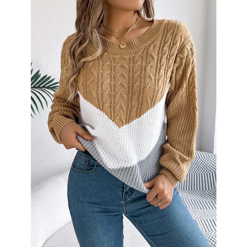 Women's Autumn/Winter Sweatshirt-Style Casual Colour-Block Cable-Knit Bell-Sleeve Pullover Loose-Fit Knitted Top for Ladies