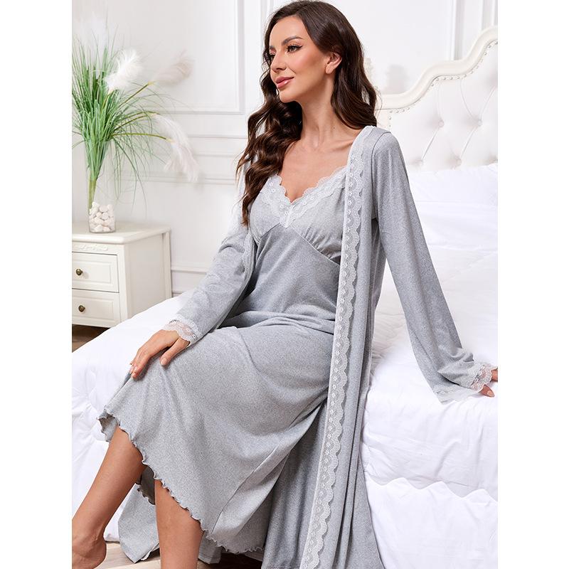 European and American foreign trade sexy pajamas women s deep V lace suspender nightgown European and American style home bathrobe nightgown set S