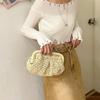 Women Shoulder Bag Slim Metal Chain Straw Braided Solid Color Large Capacity Handbag Shell Shape