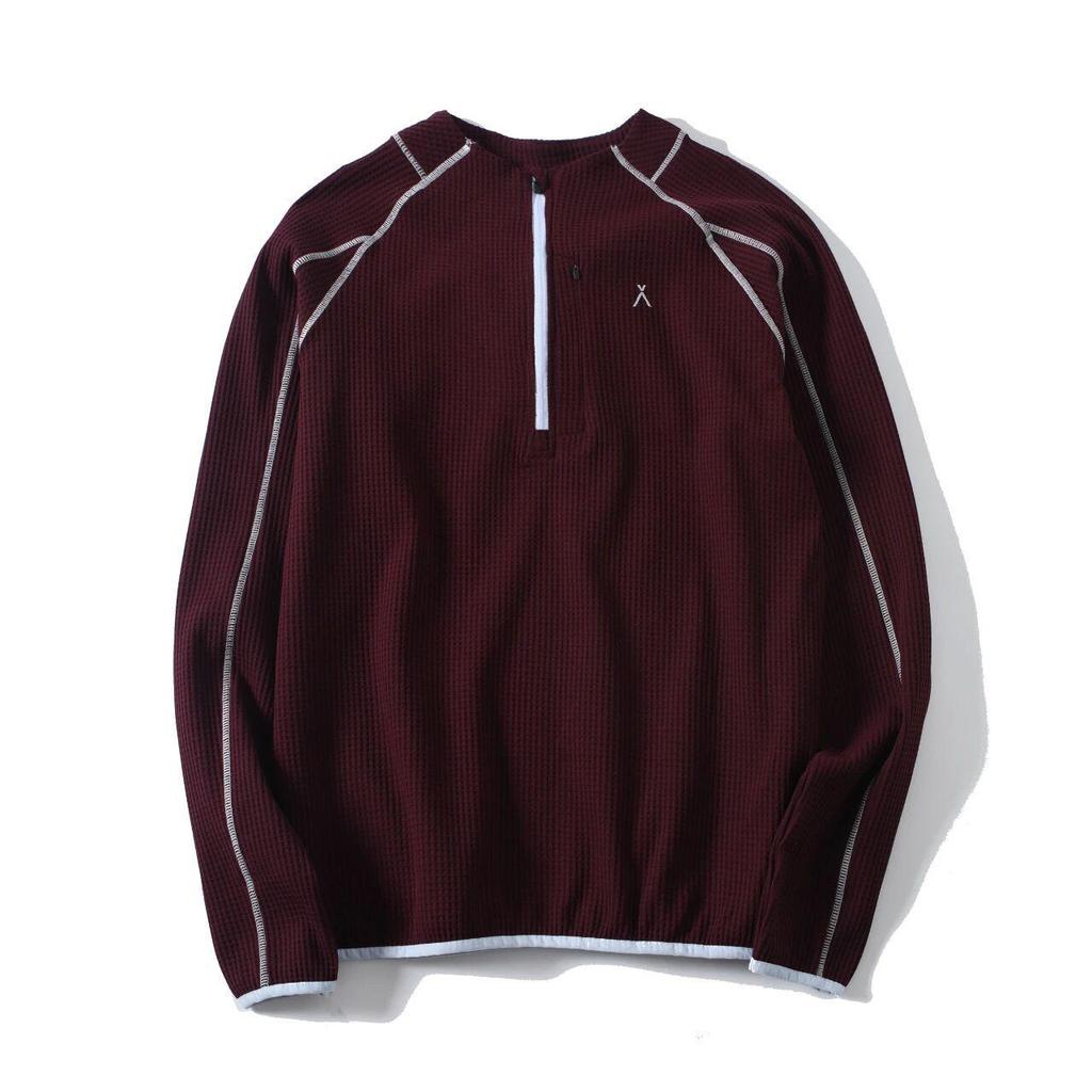 Mountain-Style Unisex Autumn Waffle Knit Half-Zip T-Shirt: Color-Block, Snap Button, Loose Fit, Breathable Long Sleeves