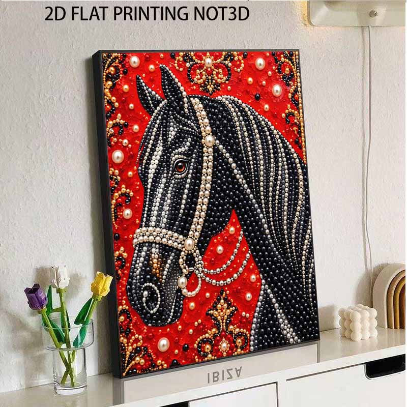 Sparkling Pearl Painting Kit with Frame Majestic Black Horse Portrait Bead Art Canvas Relaxing Craft Home Wall Decor Birthday Gift