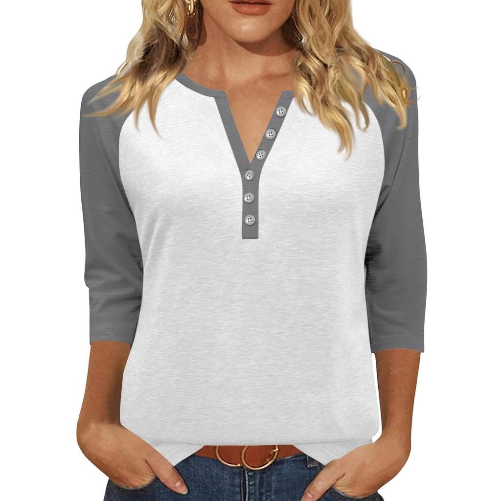 Women's T Shirt Print Button 3/4 Sleeve Daily Weekend Fashion Basic V- Neck Regular Top