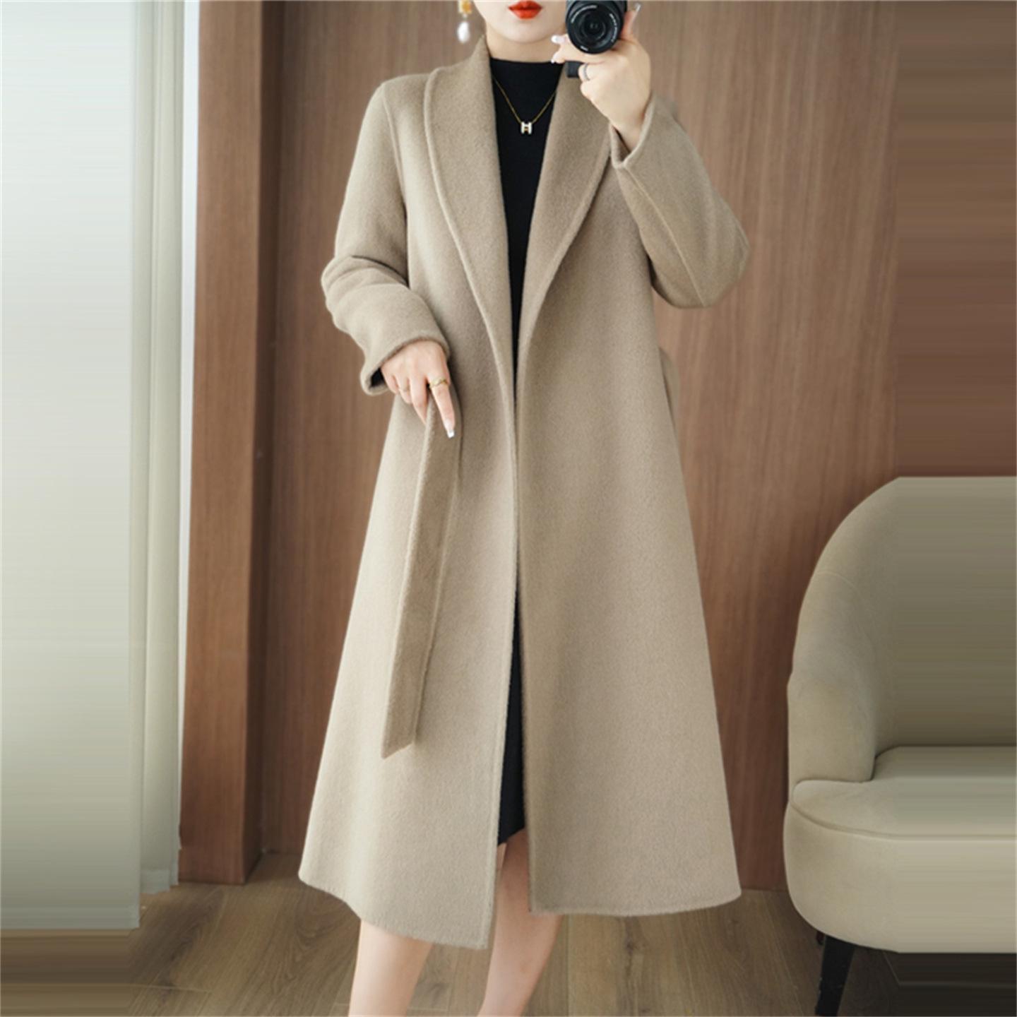 

Жіноче двостороннє кашемірове пальто з поясом - Стиль Hepburn, Осінь/Зима 2025, Довге вовняне твідове вище коліна. S (Recommended for 90-115 jin)