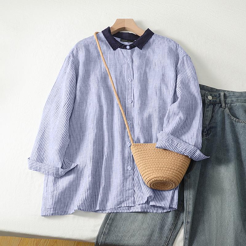 

ZANZEA Женская осенняя рубашка с воротником-стойкой и длинным рукавом в контрастную полоску 4XL синий