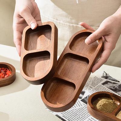 Plateau rectangulaire en bois massif 2/3 grille assiette à condiments petit-déjeuner nourriture sushi pain dessert assiette à sauce cuisine dîner plat d'assaisonnement