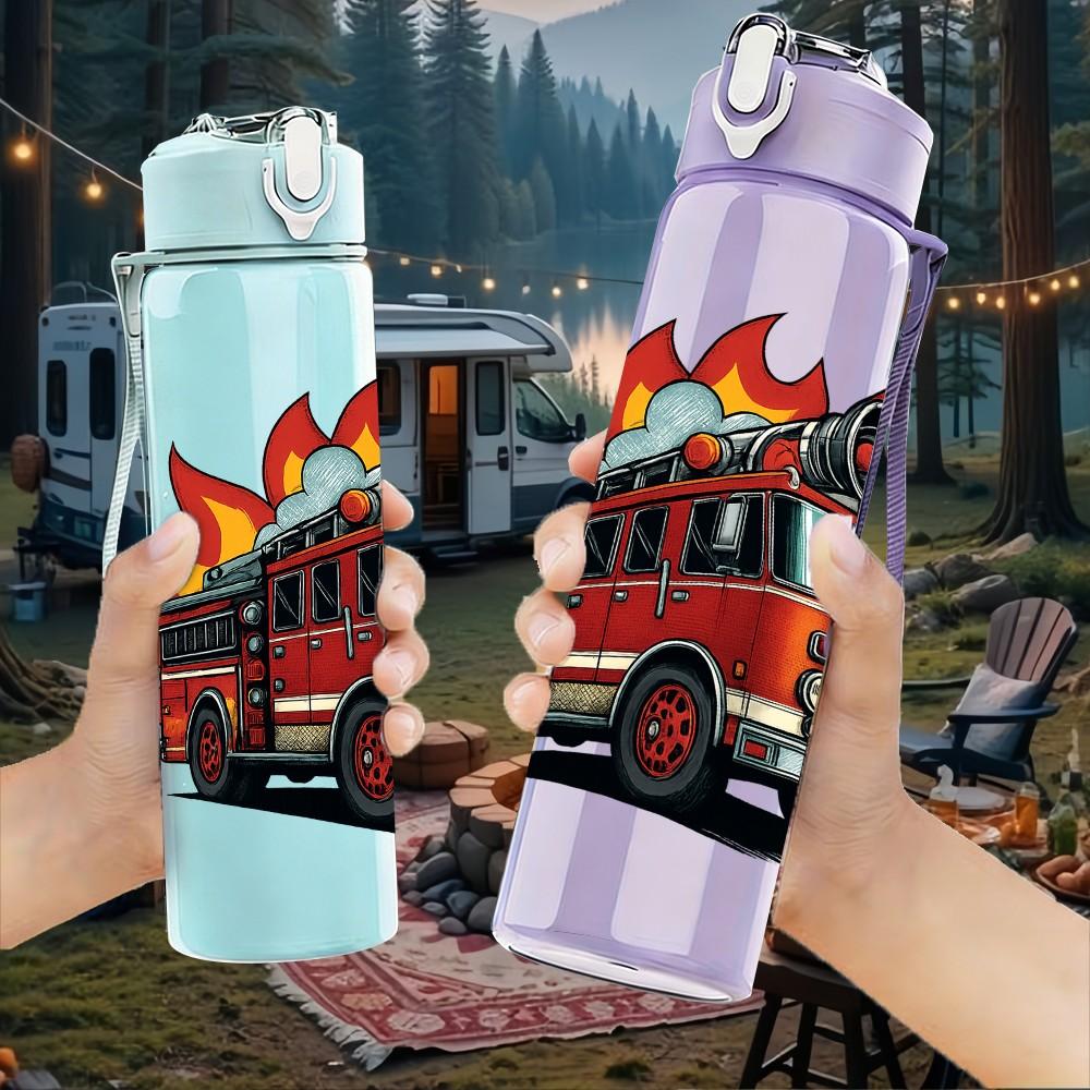 1PC Fire Truck Flame Silhouette 750ml Color Plastic Sports Water Bottle Leakproof Flip Straw Lid Suitable for Sports Office Home Use