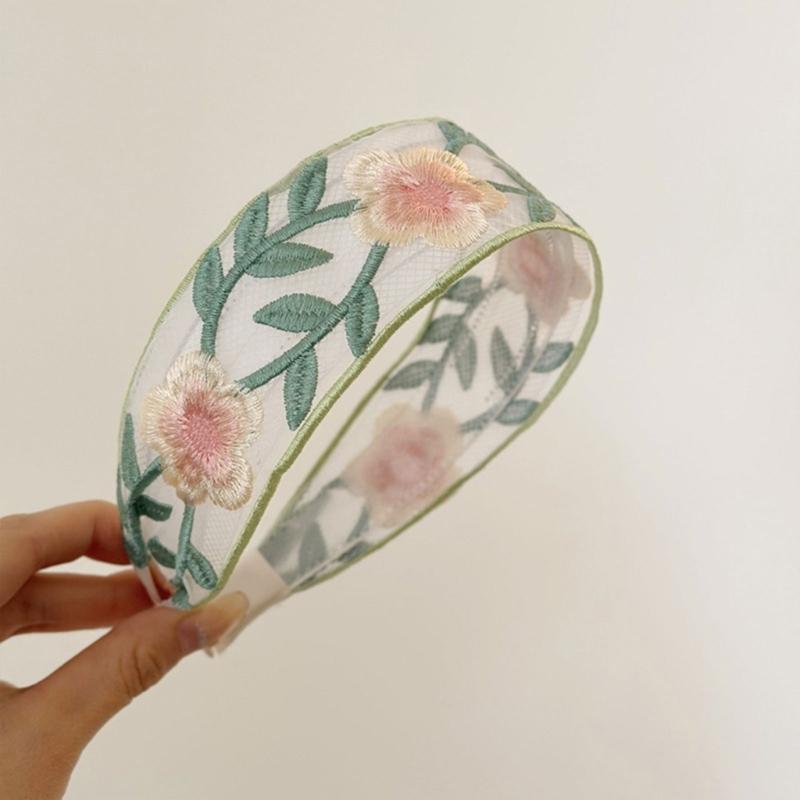 Hand-Made Cotton Linen Hairband Intricate Embroidery Blossom Design Adjustable Wide Band Unisex Hair Accessory